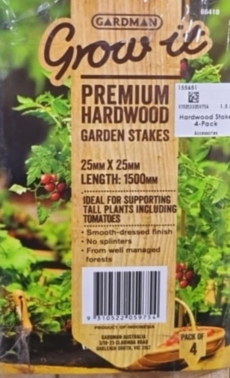 Gardman Grow It Premium Hardwood Garden Stakes - 25x25x1500mm 4-Pack